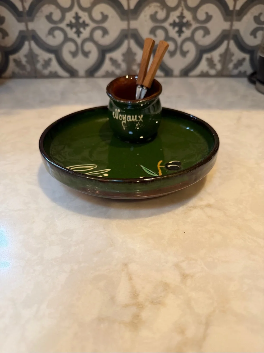 VINTAGE POTTERY- Green Olive Serving Dish with Tooth Pick Cup & Wooden Forks